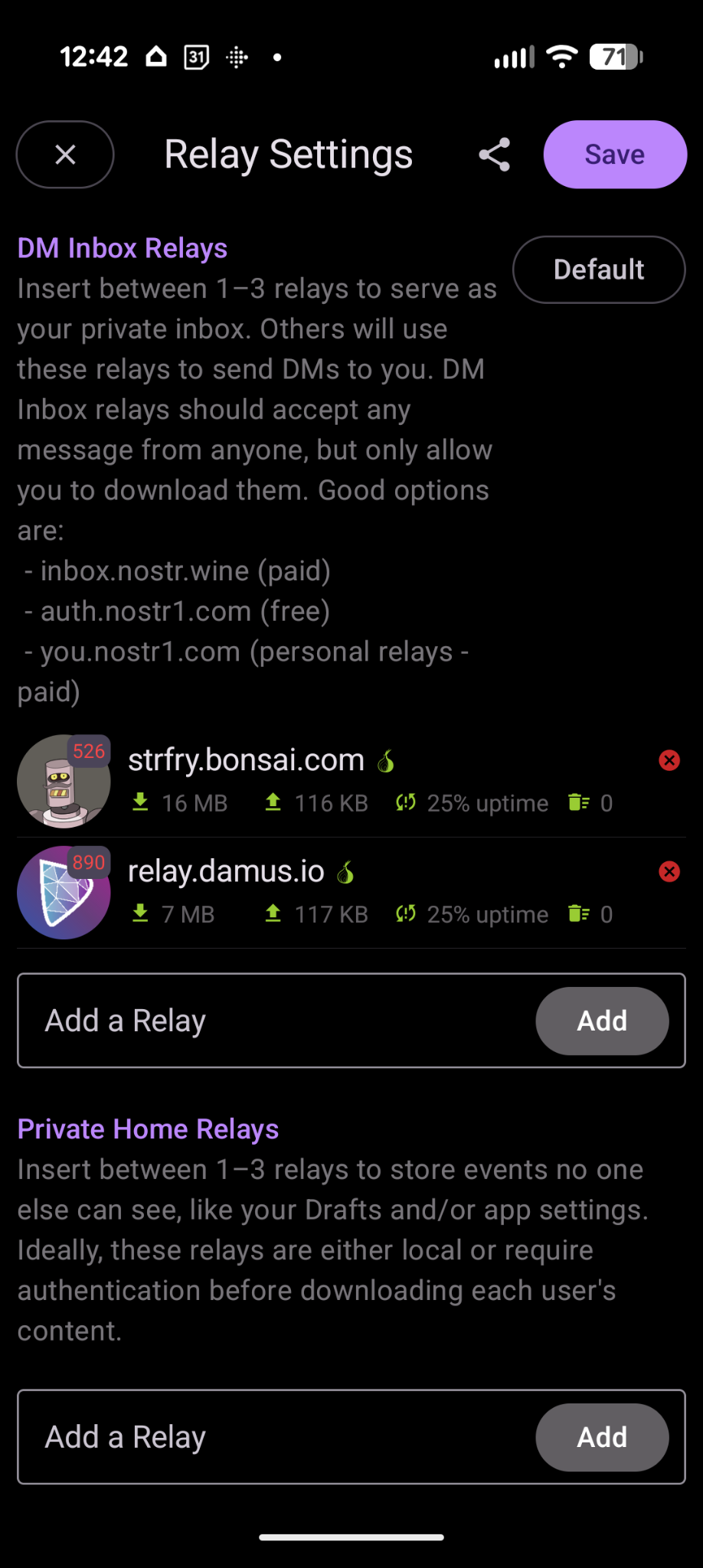 Amethyst Relay Settings screen showing the DM Inbox Relays section