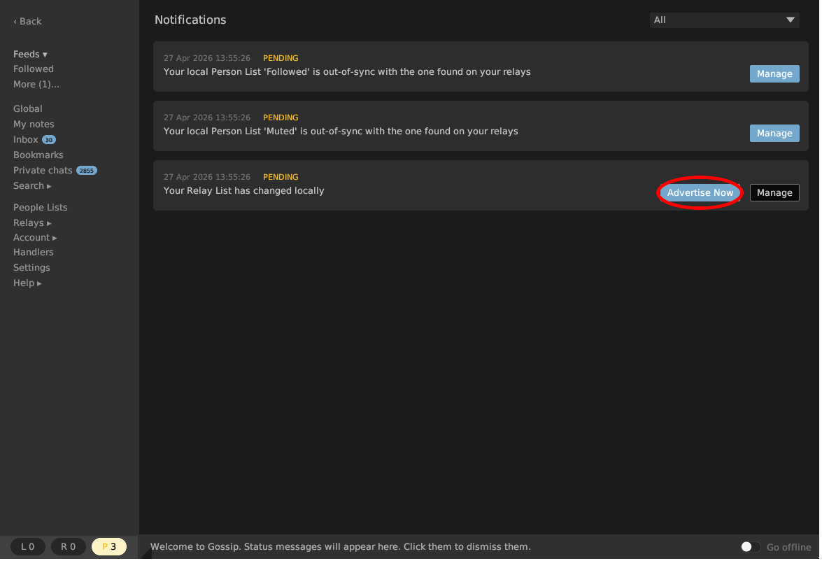 Gossip Notifications panel with the Advertise Now button circled