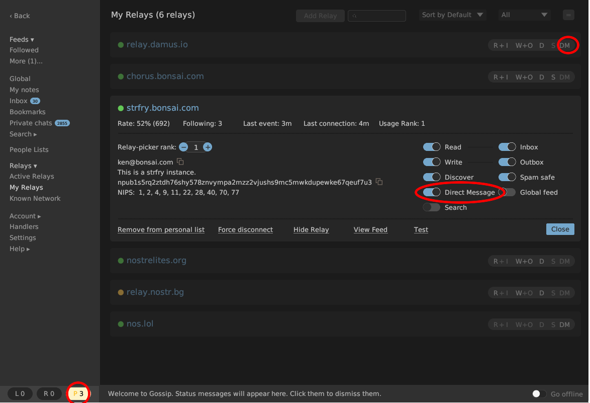 Gossip My Relays view with the DM attribute, Direct Message toggle, and P-button circled