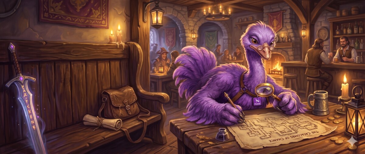 A purple Nostr ostrich studying a hand-drawn dungeon map at a tavern table, with a glowing sword on the bench beside him.